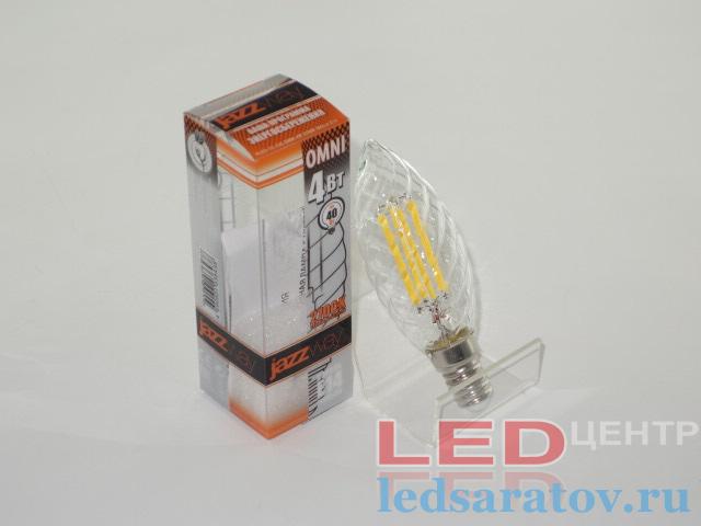 Светодиодная Ретро лампочка C35-4w, 2700k, E14, филамент, прозрачная, витая JazzWay