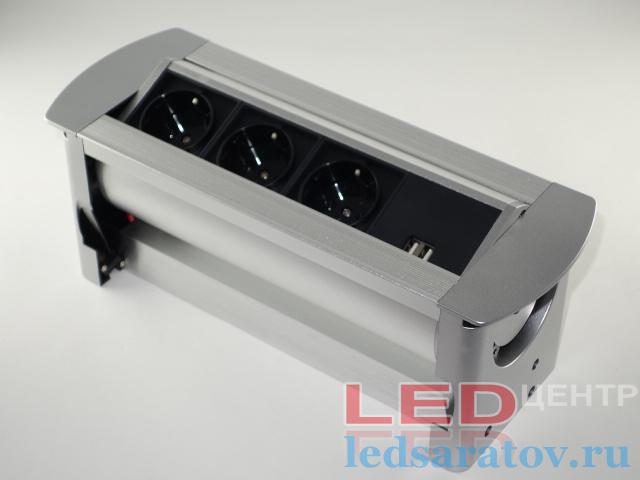 Розетка поворотная, трехпостовая, AC220, серебро (JN-207M-USB)